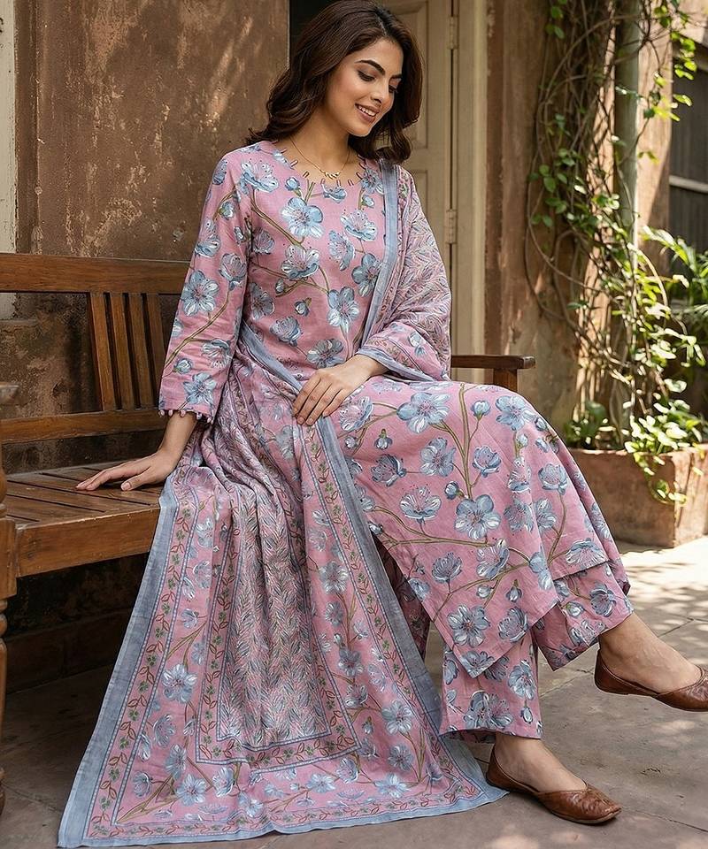 Anouk pink and grey pure cotton straight regular kurta set