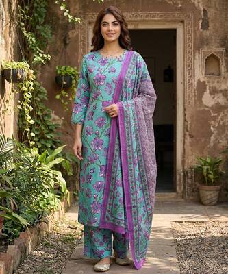 Anouk turquesa and purple pure cotton straight regular kurta set 1