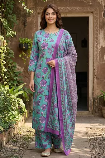 Anouk turquesa and purple pure cotton straight regular kurta set
