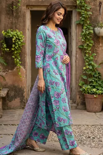 Anouk turquesa and purple pure cotton straight regular kurta set