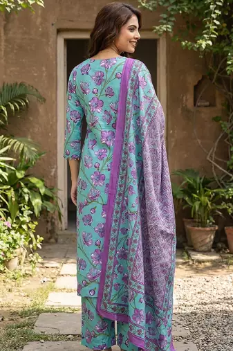 Anouk turquesa and purple pure cotton straight regular kurta set