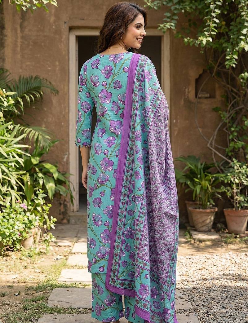 Anouk turquesa and purple pure cotton straight regular kurta set