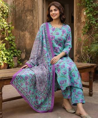 Anouk turquesa and purple pure cotton straight regular kurta set 5