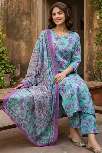 Anouk turquesa and purple pure cotton straight regular kurta set