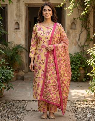 Anouk yellow and pink pure cotton straight regular kurta set 1