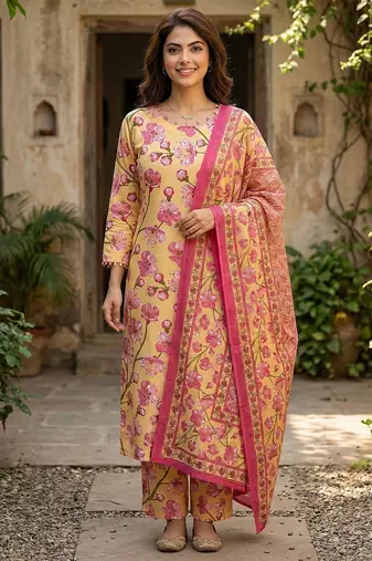 Anouk yellow and pink pure cotton straight regular kurta set