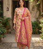 Anouk yellow and pink pure cotton straight regular kurta set
