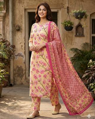 Anouk yellow and pink pure cotton straight regular kurta set 2