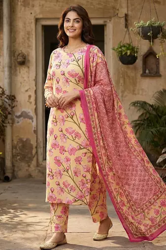 Anouk yellow and pink pure cotton straight regular kurta set