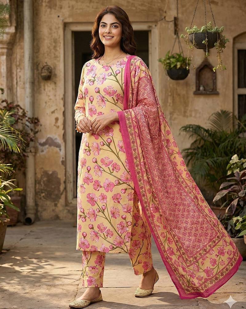 Anouk yellow and pink pure cotton straight regular kurta set
