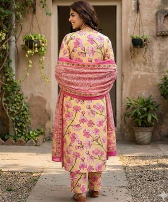 Anouk yellow and pink pure cotton straight regular kurta set 3