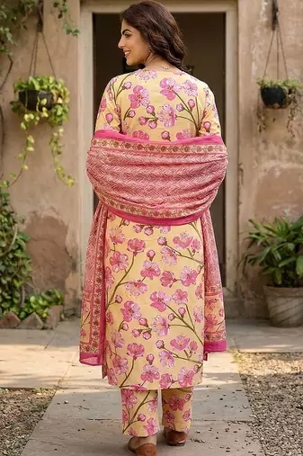 Anouk yellow and pink pure cotton straight regular kurta set
