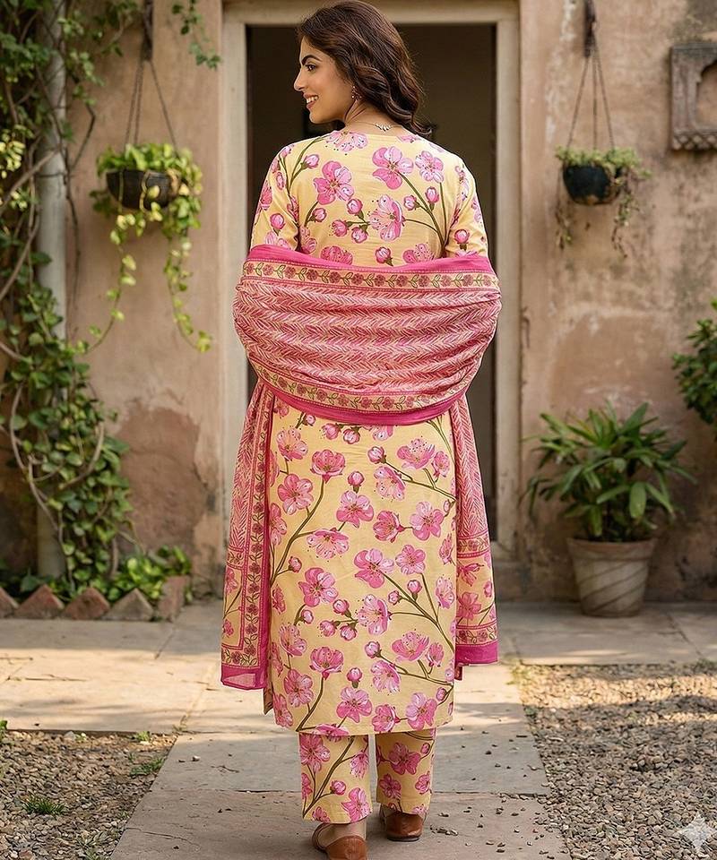 Anouk yellow and pink pure cotton straight regular kurta set