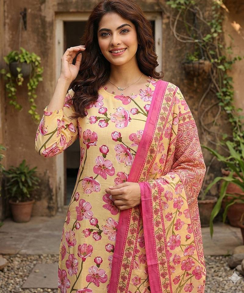 Anouk yellow and pink pure cotton straight regular kurta set