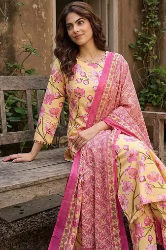 Anouk yellow and pink pure cotton straight regular kurta set