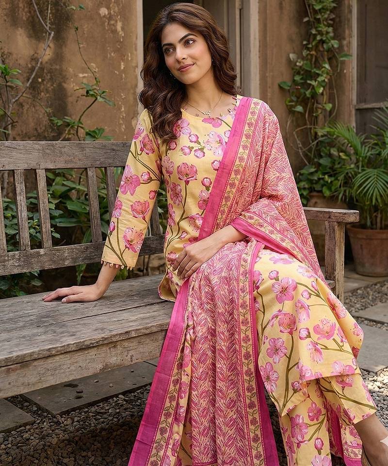 Anouk yellow and pink pure cotton straight regular kurta set