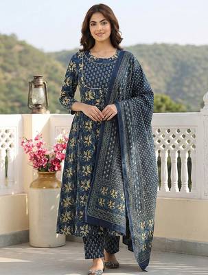 blue pure cotton anarkali regular kurta set 1