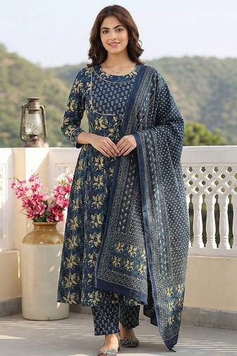 Anouk blue pure cotton anarkali regular kurta set