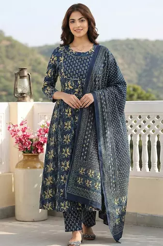 Anouk blue pure cotton anarkali regular kurta set