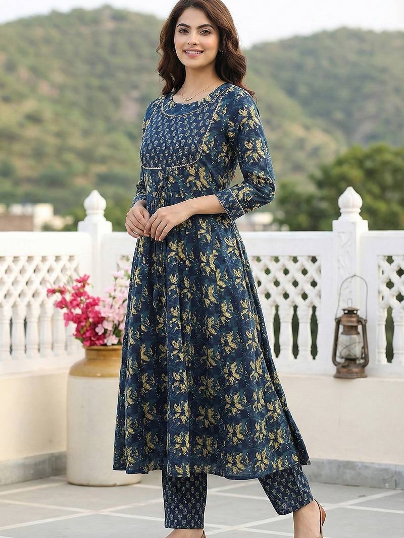 Anouk blue pure cotton anarkali regular kurta set