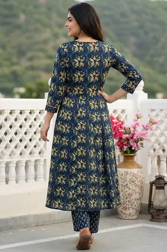 blue pure cotton anarkali regular kurta set
