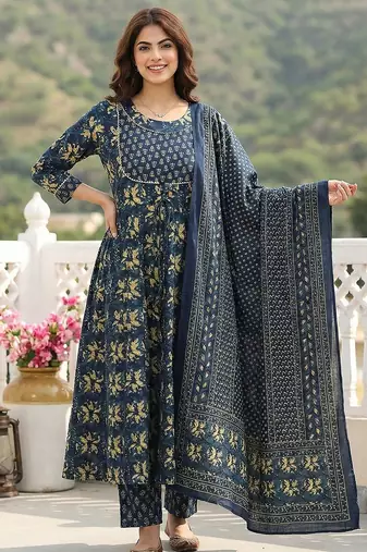 blue pure cotton anarkali regular kurta set