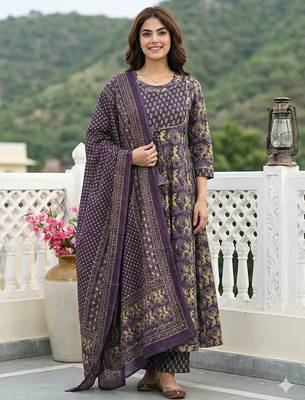 purple pure cotton anarkali regular kurta set 1