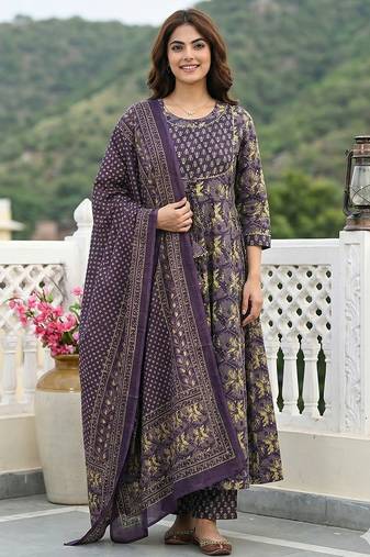Anouk purple pure cotton anarkali regular kurta set