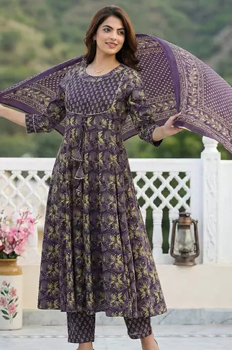 purple pure cotton anarkali regular kurta set