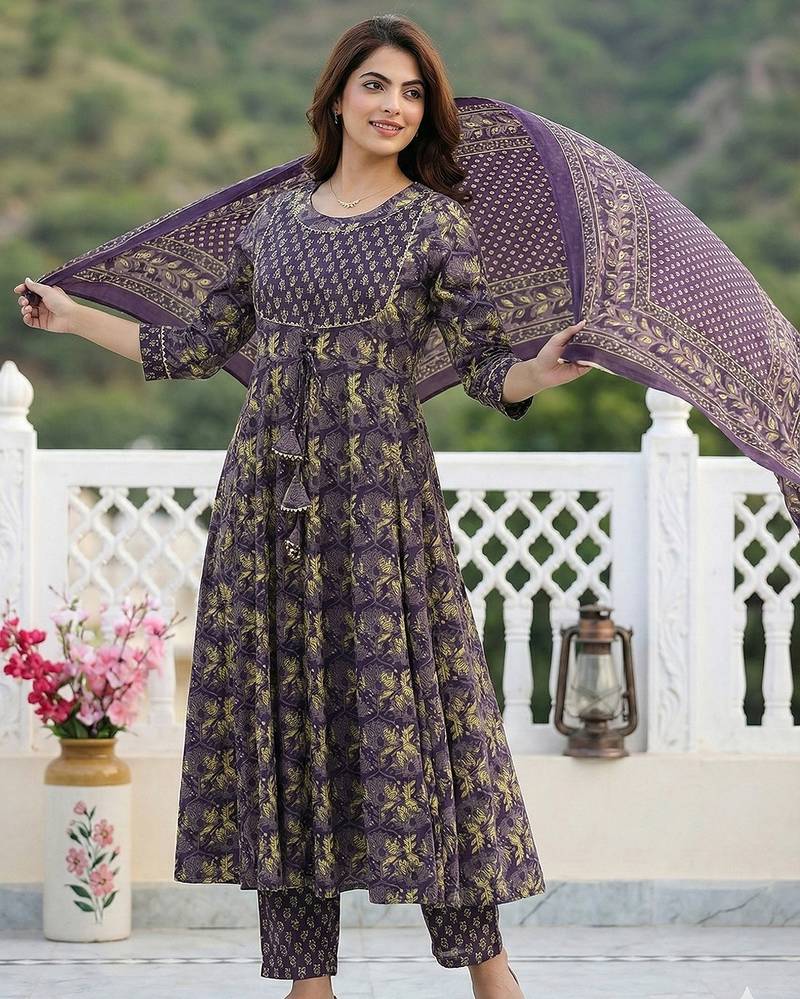 Anouk purple pure cotton anarkali regular kurta set