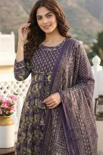purple pure cotton anarkali regular kurta set