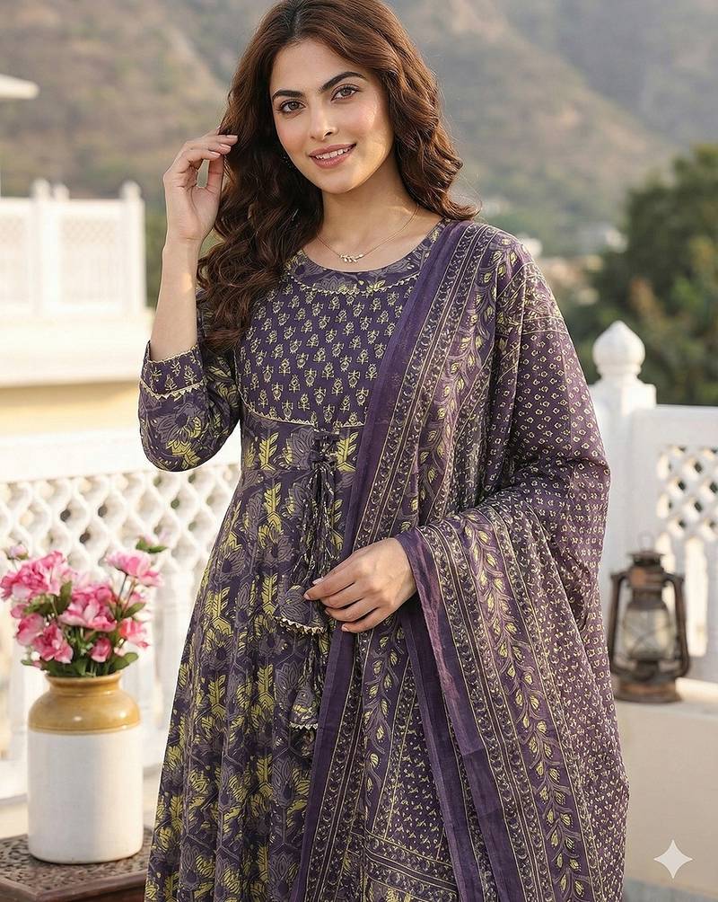Anouk purple pure cotton anarkali regular kurta set
