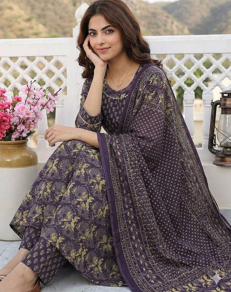 Anouk purple pure cotton anarkali regular kurta set