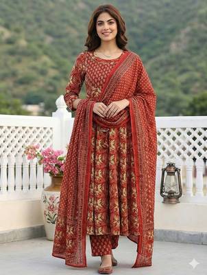 red pure cotton anarkali regular kurta set 1