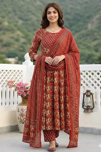 Anouk red pure cotton anarkali regular kurta set