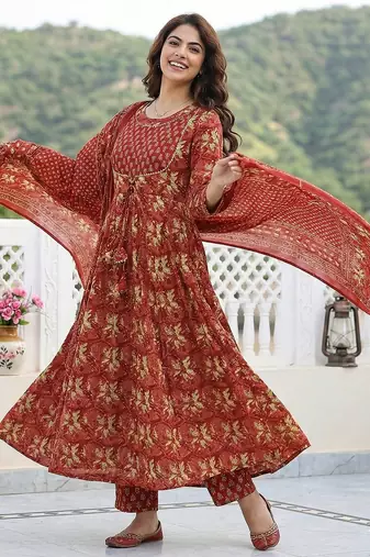 red pure cotton anarkali regular kurta set