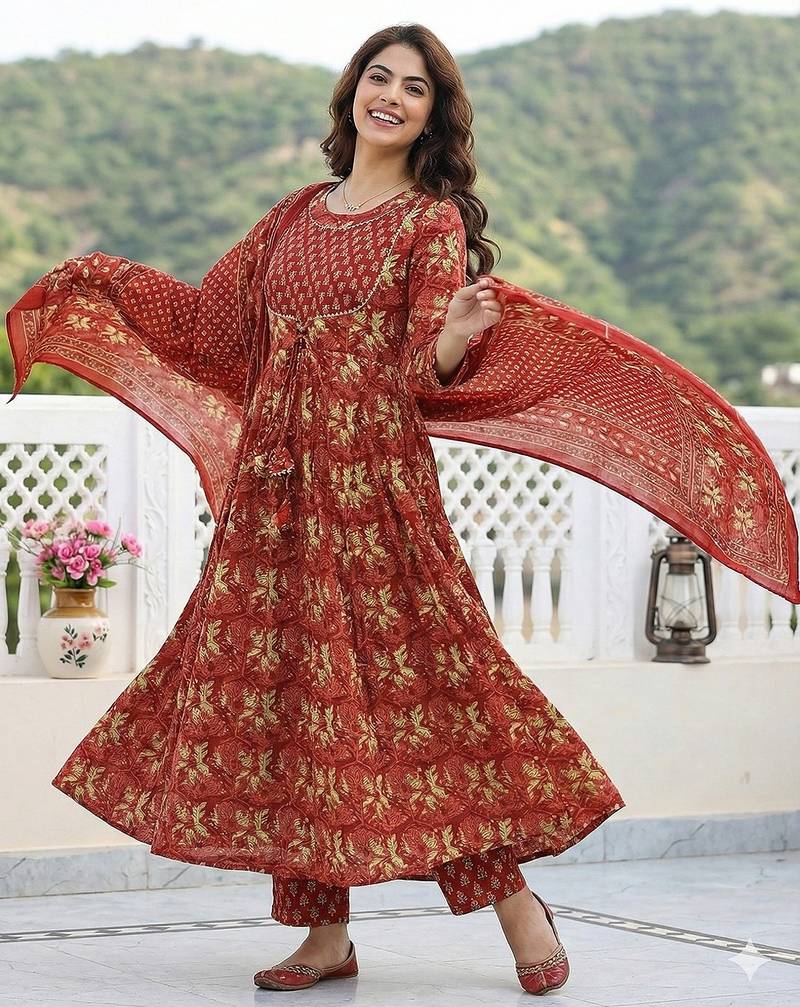 Anouk red pure cotton anarkali regular kurta set