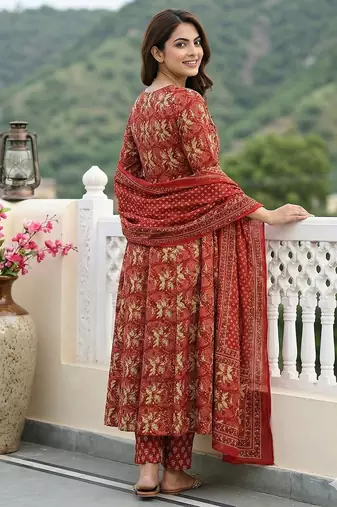 red pure cotton anarkali regular kurta set