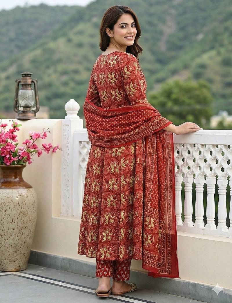 Anouk red pure cotton anarkali regular kurta set
