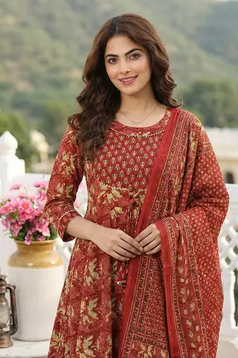 red pure cotton anarkali regular kurta set