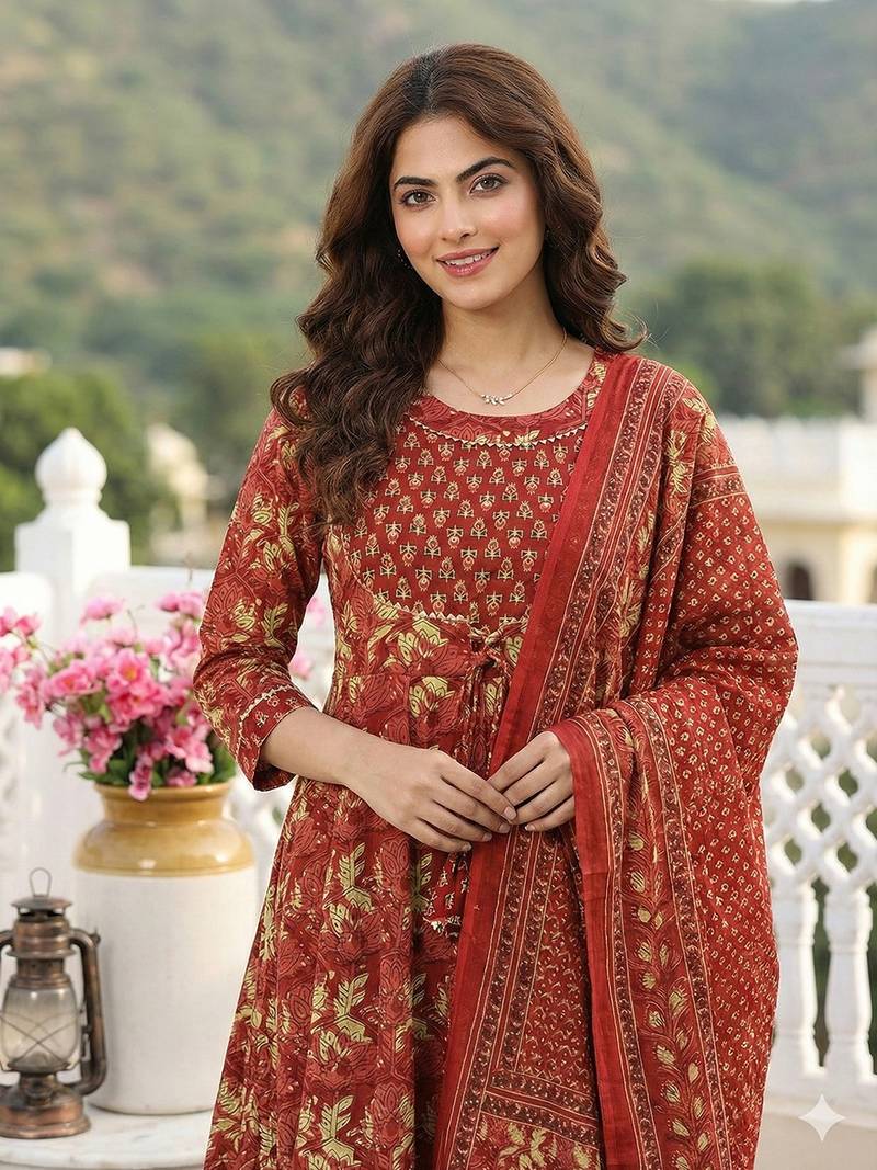 Anouk red pure cotton anarkali regular kurta set