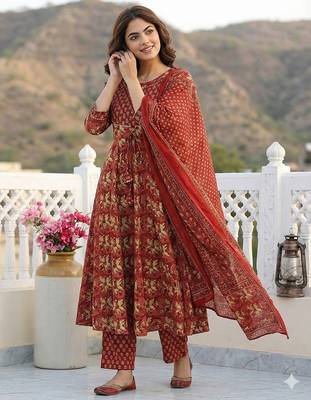 red pure cotton anarkali regular kurta set 5