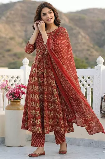 red pure cotton anarkali regular kurta set