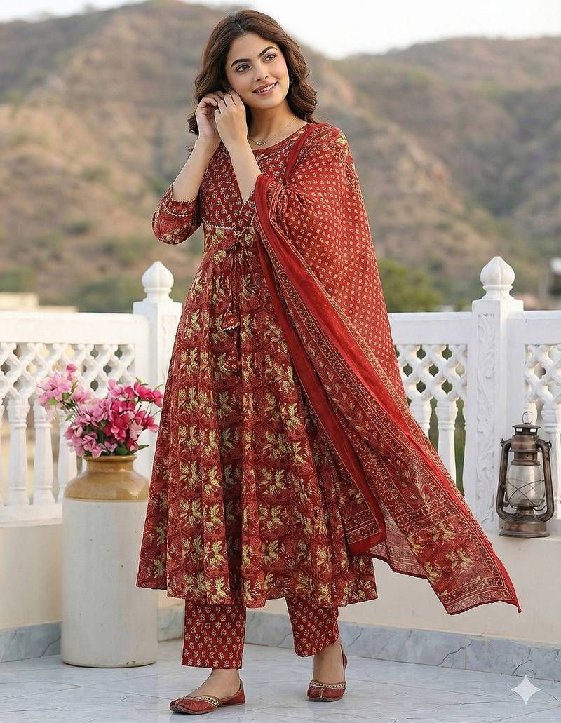 Anouk red pure cotton anarkali regular kurta set