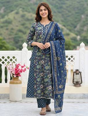 blue and green pure cotton anarkali regular kurta set 1