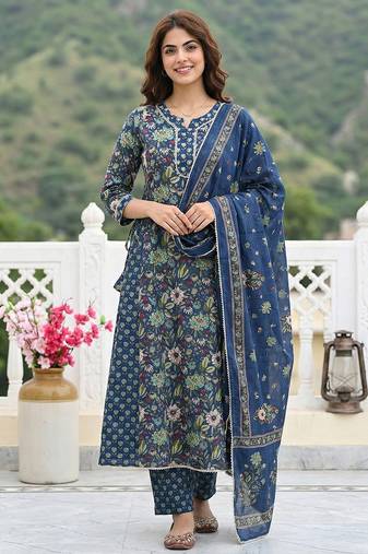 Anouk blue and green pure cotton anarkali regular kurta set