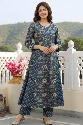 blue and green pure cotton anarkali regular kurta set