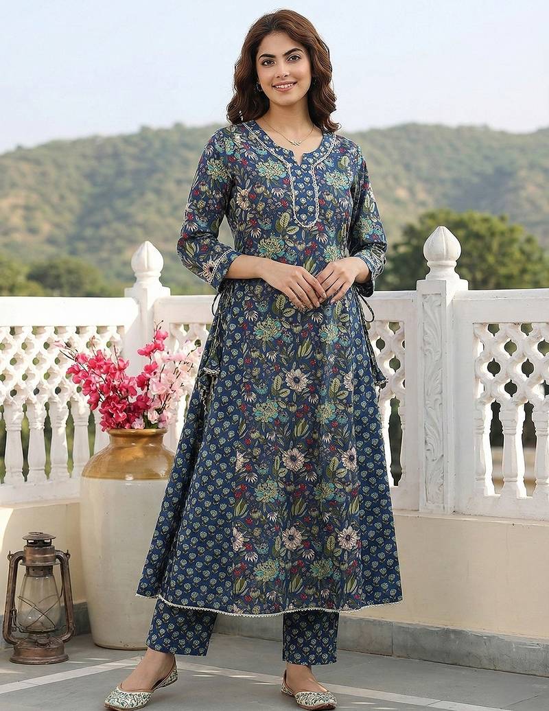 Anouk blue and green pure cotton anarkali regular kurta set