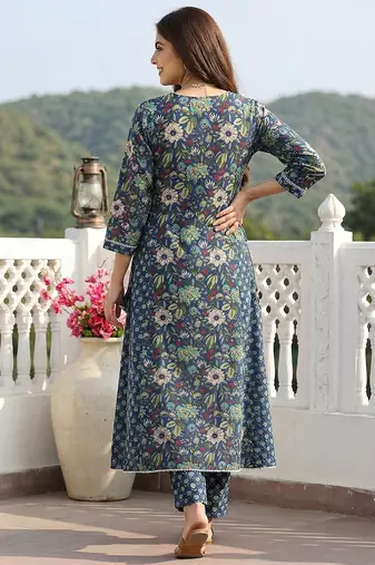 blue and green pure cotton anarkali regular kurta set