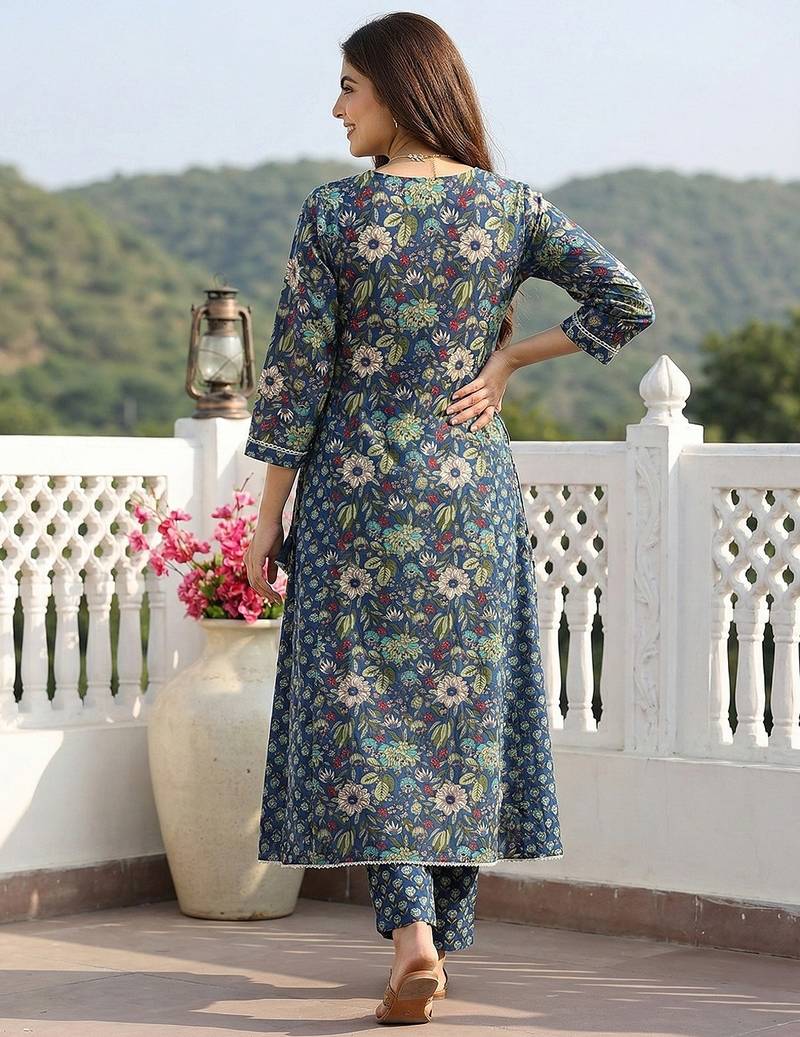 Anouk blue and green pure cotton anarkali regular kurta set
